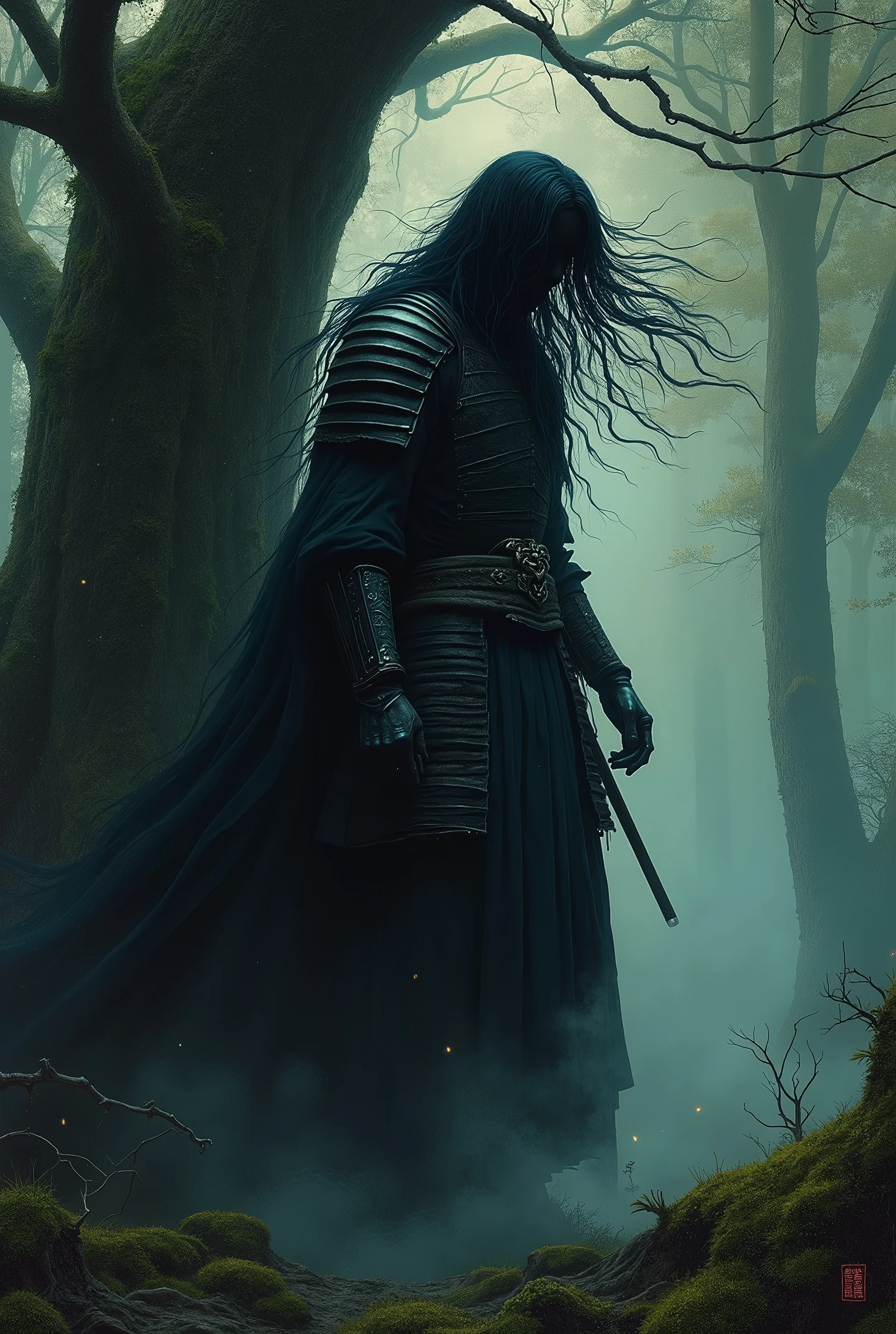 Illustration of a samurai ghost appearing in a deep forest, oil painting style, skinny man with long black hair, wind disheveled, face hidden, wearing armor, Japanese sword sheathed at waist visible, body outlines blurred and fading from leg shin, standing face down beside tall tree, in dimly lit forest