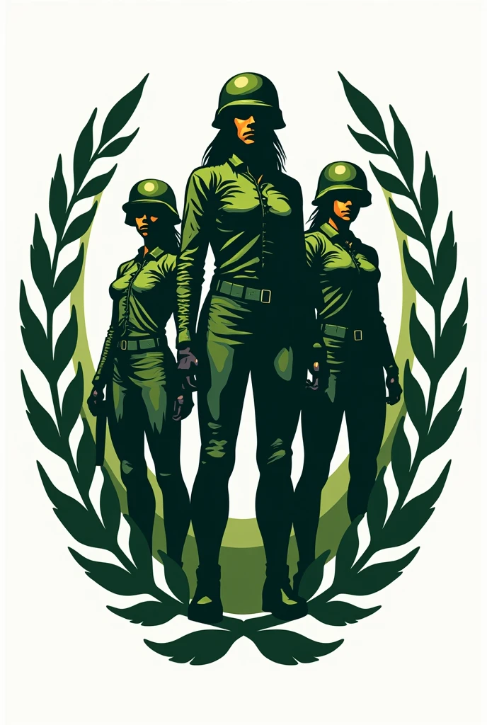 Create a logo of female military figures seeking justice, strong women but without showing their faces, use the color green, do not show their faces.