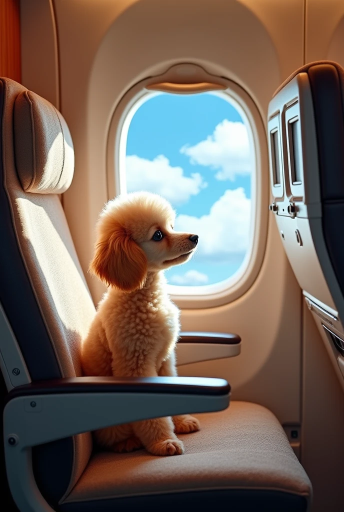 Miniature toy poodle in an airplane cabin