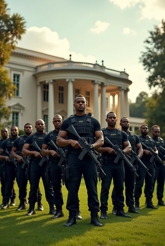 10 Big muscular secutiry in front of a mansion with guns and armor