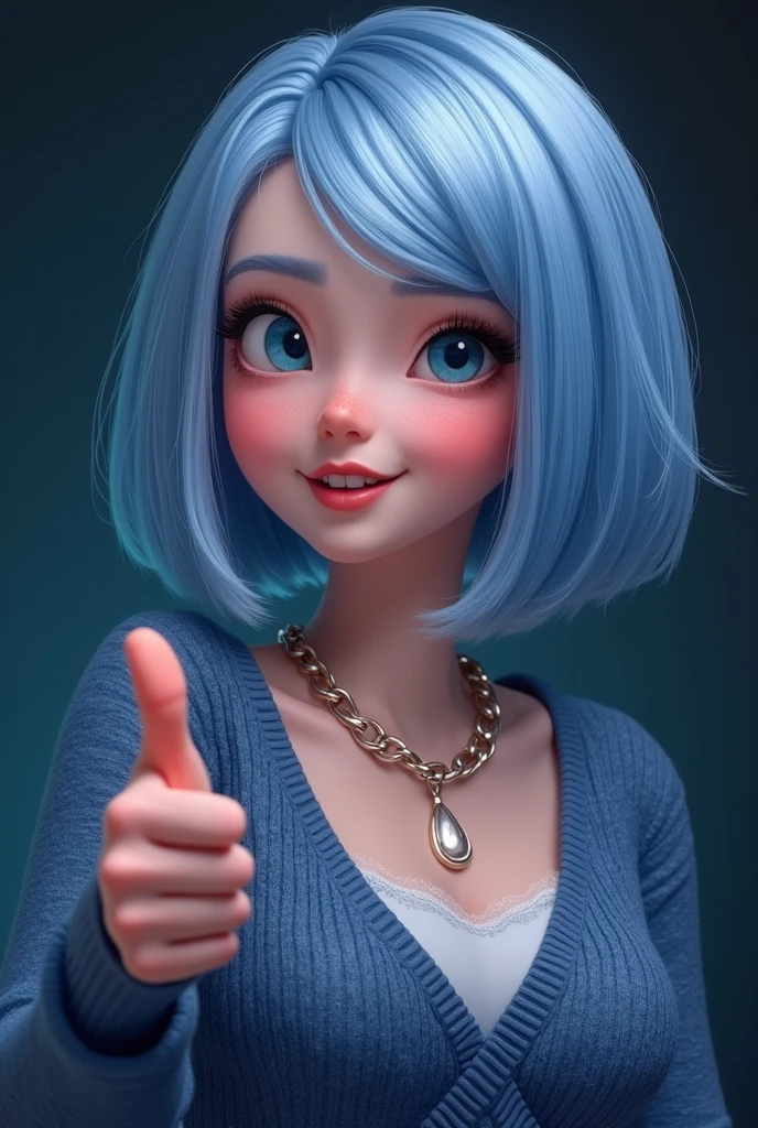 (Highest quality, 8k, 32K, masterpiece, Ultra-high resolution:1.2),Cute 18-year-old American woman image, Large Breasts, Very short bob hair,Upper Body,Face Focus,(Extra Large_sweater,:1.1) necklace, background, View your viewers,Giving a thumbs up, (((Silver streaks in blue hair))), (((Bright light blue eyes))) (((Award-winning details)) ((The vibe of Disney Descendants)))