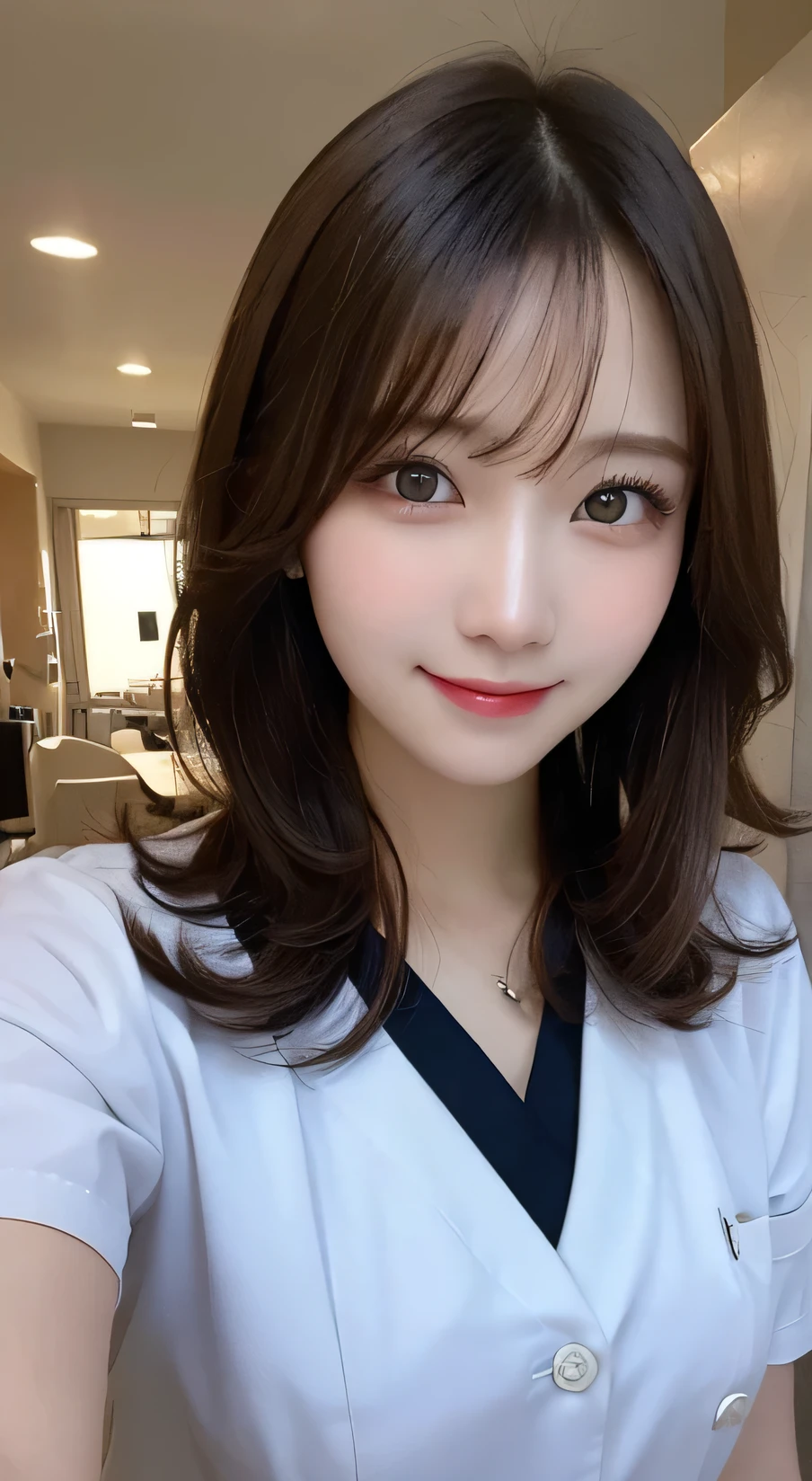 Tabletop, Highest quality, figure, Very detailed, In detail, High resolution, 8k wallpaper, Perfect dynamic composition, White、nurse,nurse、Medium Hair, Beautiful attention to detail、One female , Natural color lip, Random sexy poses,smile,hospital,20-year-old,cute