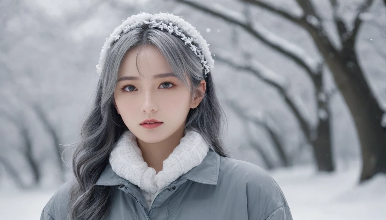 One person,(snow,ice),Snow Flower,In winter,Gray Hair,Shiny Hair,Wavy Hair,Hair Scrunchie,masterpiece,telescope lens,Absurd,Exquisite facial features,吹snow
