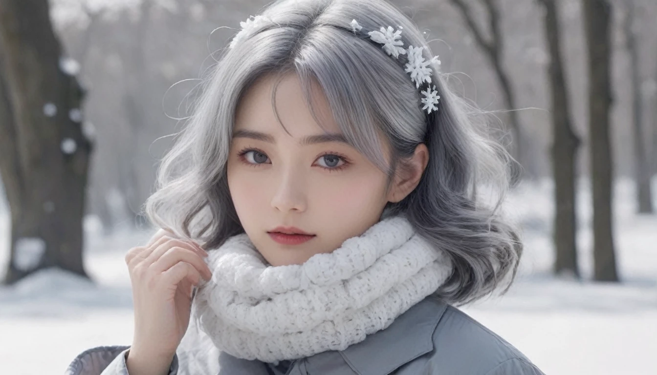 One person,(snow,ice),Snow Flower,In winter,Gray Hair,Shiny Hair,Wavy Hair,Hair Scrunchie,masterpiece,telescope lens,Absurd,Exquisite facial features,吹snow