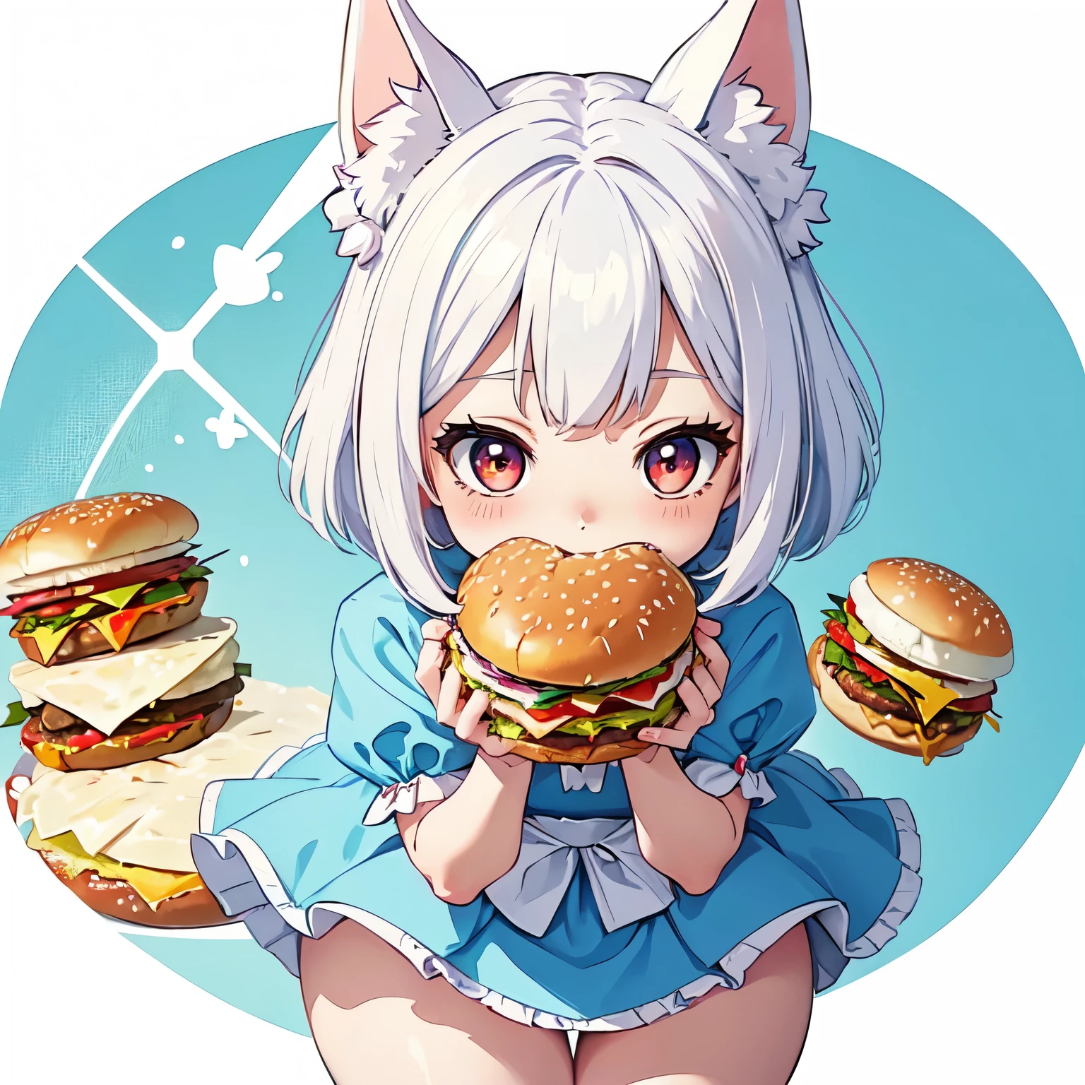 anime style, cute small white rabbit, (((eating hamburger))), 1girl, (((chibi))), red eyes, tall ears, bob hairstyle, large face, short stature, wearing a light blue dress, (best quality,4k,8k,highres,masterpiece:1.2), intricate details,highly detailed,exquisite,stunningly beautiful,vibrant colors,soft lighting,fantasy,magical realism,((white background)) (simple background),