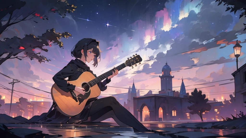 masterpiece,night,(dark alley),star、Night evening Sky、milky way、octone、
(1. Female), (solo), Knee hugging sitting,acousticguitar