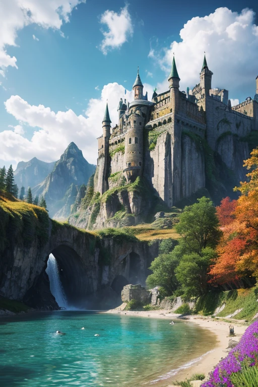 masterpiece, 最high quality, high quality, Very detailed CG unit 8k wallpaper, landscape, Outdoor, null, cloud, Day, A wonderful medieval castle, No humans, Mountain, landscape, water, wood, blue null, waterfall, cliff, nature, lake, river, village, autumn, cloudy null, Colorful flowers, Award-winning photography, Bokeh, Depth of written boundary, High resolution, bloom, chromatic aberration, Realistic, Very detailed, artステーションのトレンド, CGsociety Trends, Complex, Attention to detail, dramatic, art:midjourney