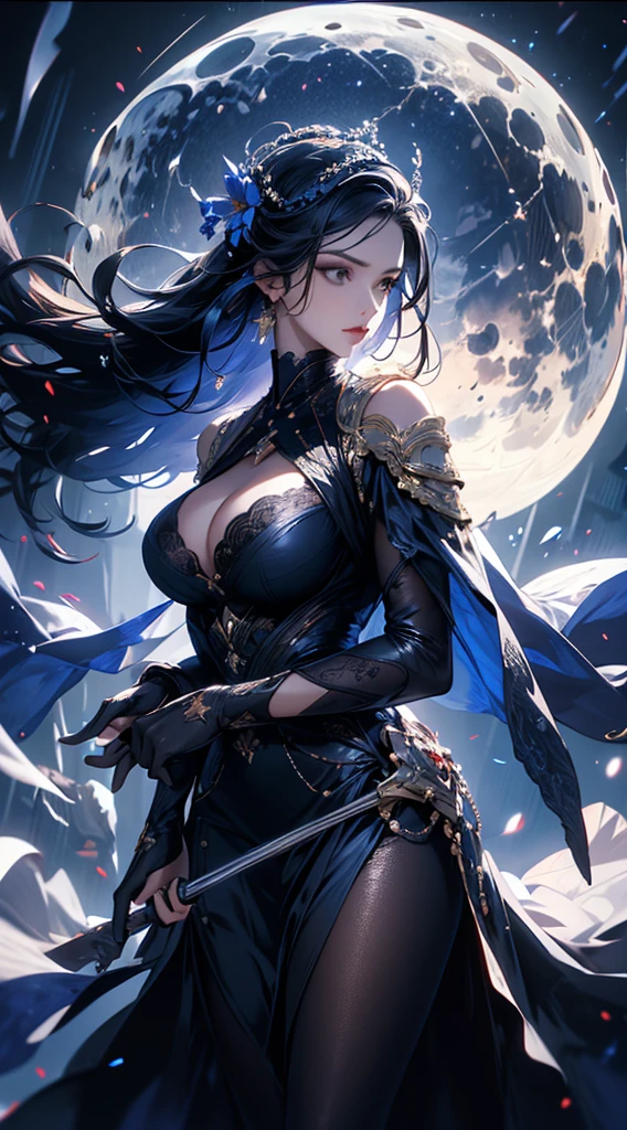 masterpiece, high quality, 4K, Beautiful design, silhouette,bionde, Highly Detailed Starry Sky at Night,Flower Field, wonderful, Finer details, Very knowledgeable woman, Highly detailed solo, 1 female,Big Breasts,Tight Dress,Night view,Starry Sky,full moon,