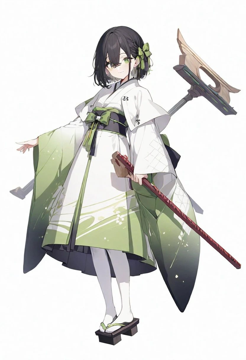 (muste piece), (best quality), (score_9, score_8_up, score_7_up), very detailed eyes, expressive eyes, perfect face, very detailed face, highly detailed face, beautiful girl, 8K, beautiful girl, white background, delicate and beautiful face and eyes, dark intense shadow,
1 girl, vtuber style, cool girl, multicolored hair, black hair, medium hair, bob cut, hair between eyes, green eyes, Japanese style dress, green and white kimono, long sleeves, wide sleeves, skirt, capelet, white pantyhose, small breast, soft breast, hair ribbon, bowtie, belt with bow, geta, (full body), light smile, standing,