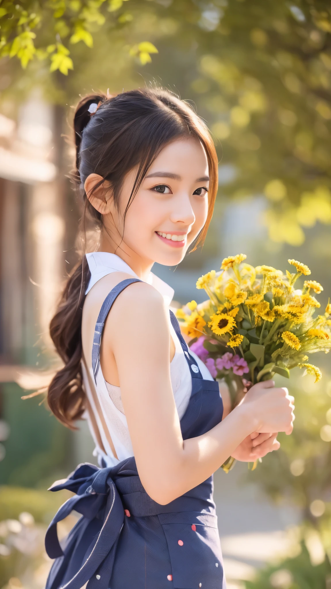 ((masterpiece,best quaLightingy 1.4)), (8k,RAW Photos:1.2), (Realistic,photo Realistic:1.4), Ultra-high resolution , (Highly detailed 8k wallpaper) ,Japanese Idols, Japanese actress, Japanese, very cute, Big eyes, Highly detailed eyes and face, Beautiful eyes in every detail,Glowing Skin,Portraiture,(ponytail :1.2),(smile:1.3) ,(Holding a bouquet:1.2),Lighting, Sharp focus, Written boundary depth , (Dynamic Angle:1.4 ). Blur the background, Bokeh, (apron:1.3) ,A small flower shop bathed in spring sunlight, Colorful flowers lined up. In front of the shop, Vibrant bouquets and hanging succulents on display... The background is cobblestones and old-fashioned streetscapes..