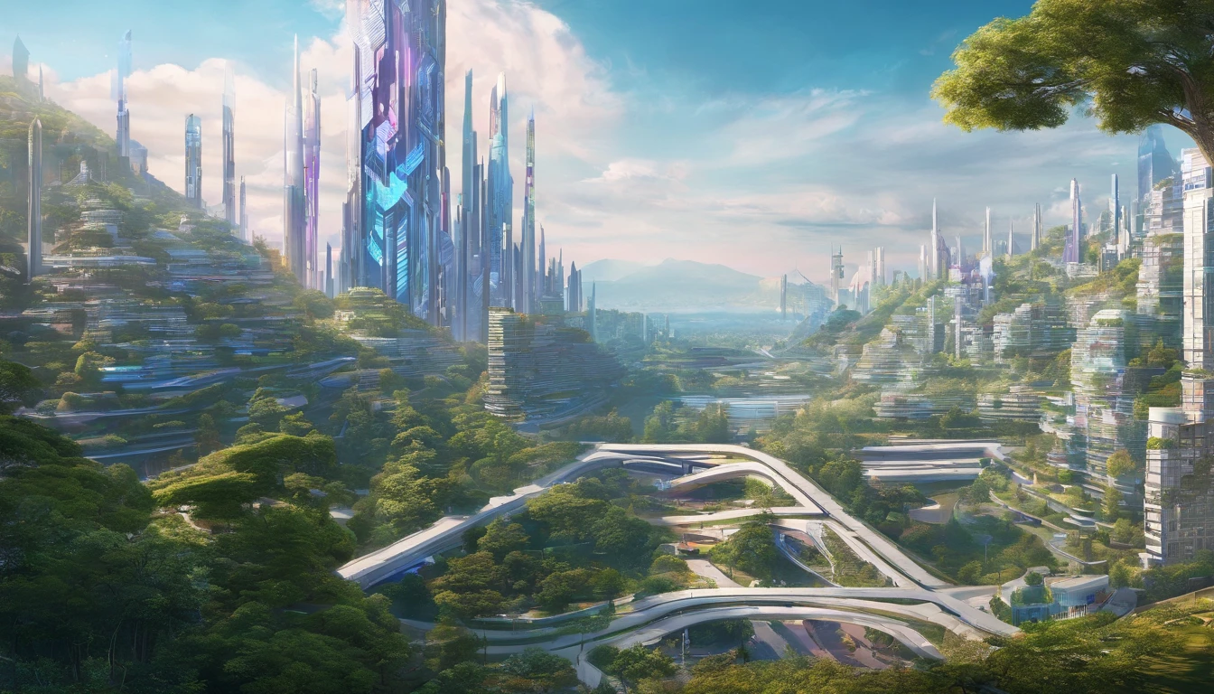 Veliky Ustyug city, cyberpunk, future, view from afar, trees in the background, mountain, 84k, hyper detail, soft lighting, summer, day, cgi, professional photo, high quality, hyperrealism, realistic, depth of field, clarity, beautiful view, digital art, hard focus, intricate details, vibrant details
