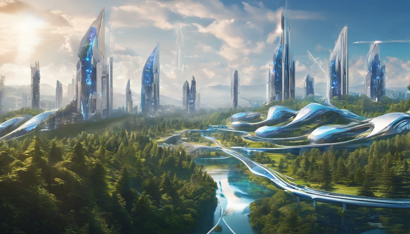 Veliky Ustyug city, cyberpunk, future, view from afar, trees in the background, mountain, 84k, hyper detail, soft lighting, summer, day, cgi, professional photo, high quality, hyperrealism, realistic, depth of field, clarity, beautiful view, digital art, hard focus, intricate details, vibrant details