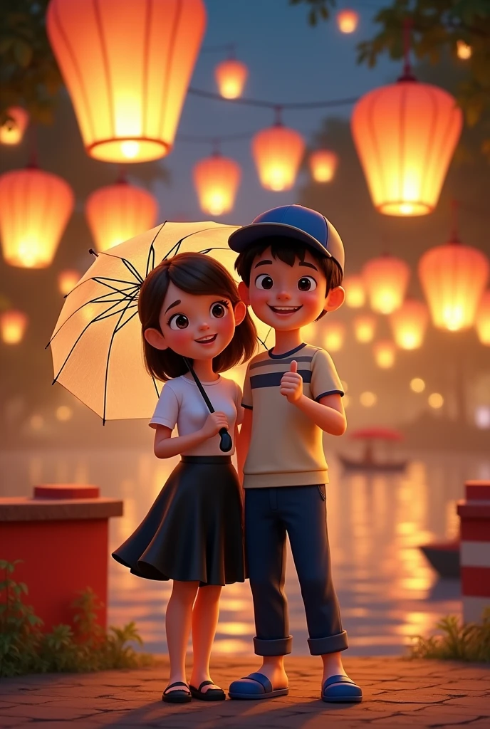 I want to create an image from disney pixar character for a couple who are in vietnam for a trip . Both are looking extremely happy and romantic there are no people around them. The boy is weraing a cream shirt with grey vertical stripes and brown horizontal stripes and navy trousers. He is also wearing a blue cap and blue slippers and showing thumbs up from his left hand while getting clicked. Girl is also wearing a white colour half sleeve top and a black long skirt and black beach slippers. The girl is holding a transparent umbrella. The background have a lot of hot silk lanterns with vietnamese designs. The silk lanterns are everywhere in the background an dare of 2 colours mainly yellow and while and some red as well. There is a red and white short wall besides the couple and beside the wall there a lake full of lanterns and boats. Camera angle is from front. Both the girl and boy are looking happy and looking at the camera while smiling. Please note that i want a disney pixar animated picture and boy is standing to right of girl. Please make the background full of lanterns and its a night time engancing the look of the background and making the environment more romantic