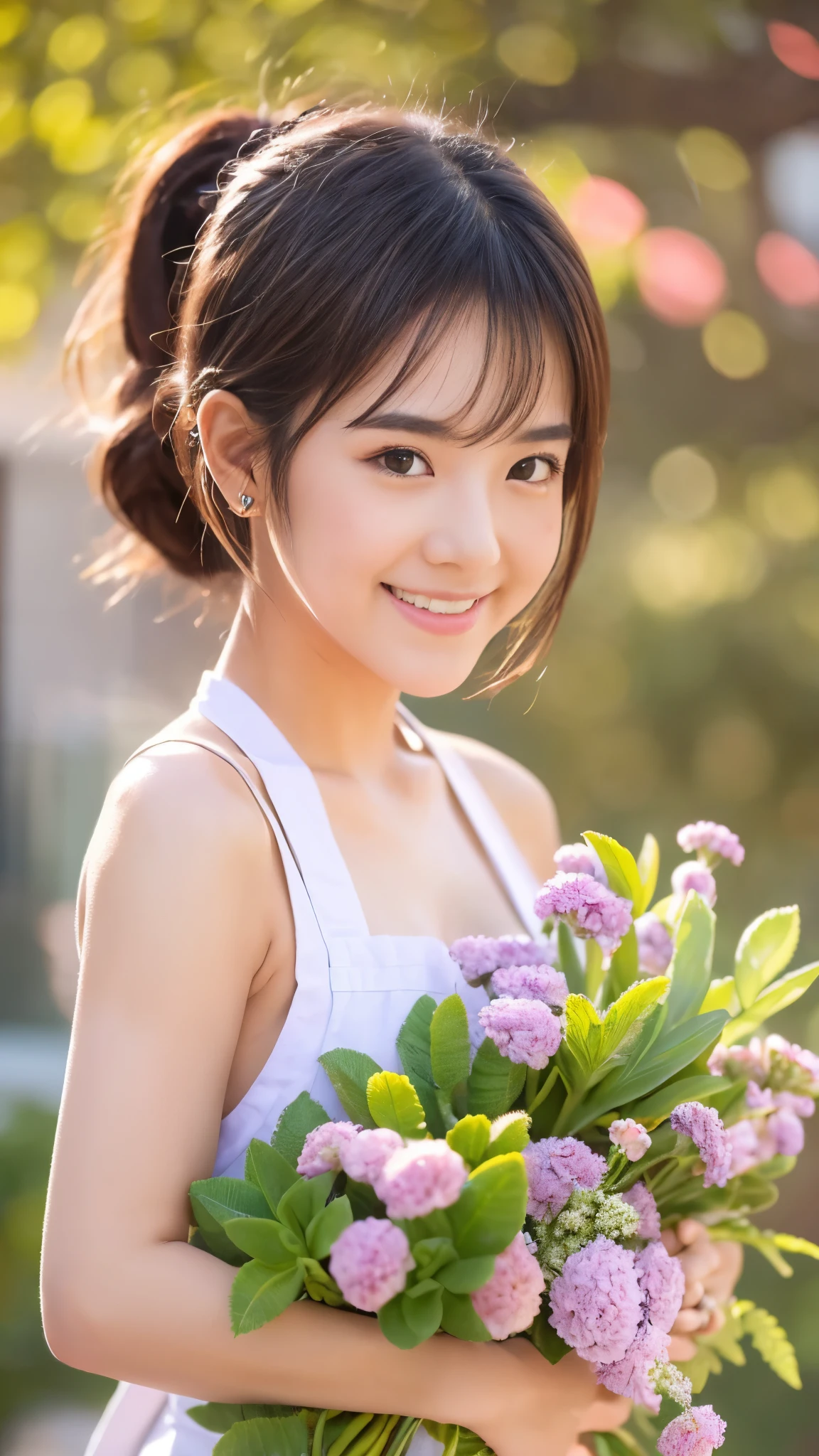 ((masterpiece,best quaLightingy 1.4)), (8k,RAW Photos:1.2), (Realistic,photo Realistic:1.4), Ultra-high resolution , (Highly detailed 8k wallpaper) ,Japanese Idols, Japanese actress, Japanese, very cute, Big eyes, Highly detailed eyes and face, Beautiful eyes in every detail,Glowing Skin,Portraiture,(ponytail :1.2),(smile:1.3) ,(Holding a bouquet:1.2),Lighting, Sharp focus, Written boundary depth , (Dynamic Angle:1.4 ). Blur the background, Bokeh, (apron:1.3) ,A small flower shop bathed in spring sunlight, Colorful flowers lined up. In front of the shop, Vibrant bouquets and hanging succulents on display... The background is cobblestones and old-fashioned streetscapes..