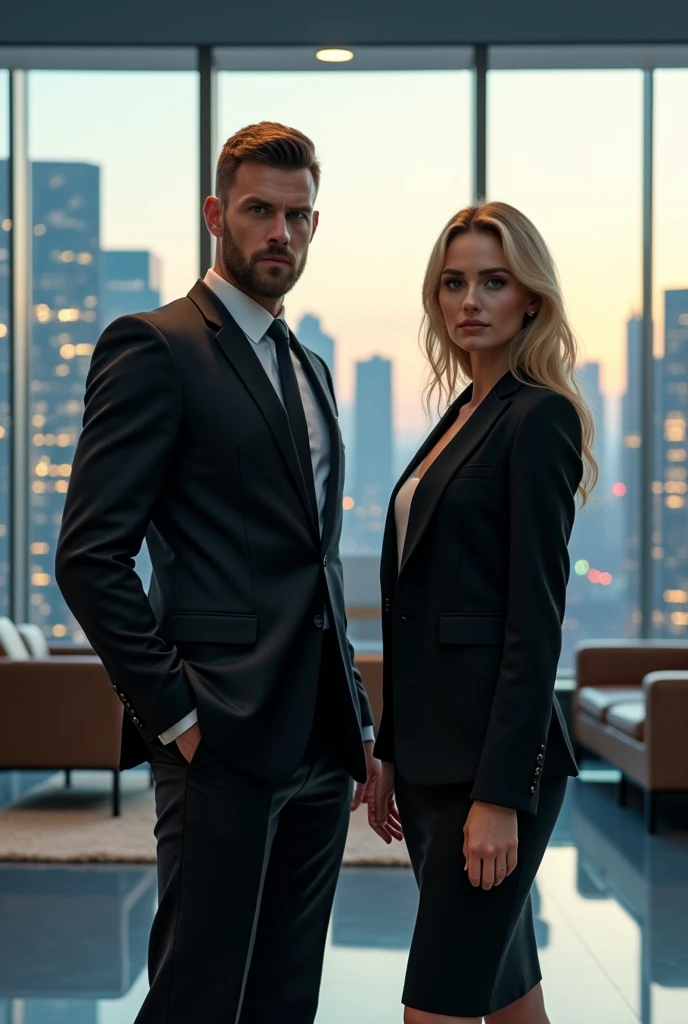 a sigma male in a suit in office, death stare expression, standing next to gorgeous blonde woman, woman wearing office suit, city skyline through window, high quality, realistic, cinematic lighting, 8k, detailed features, photorealistic, sharp focus, professional studio photography
