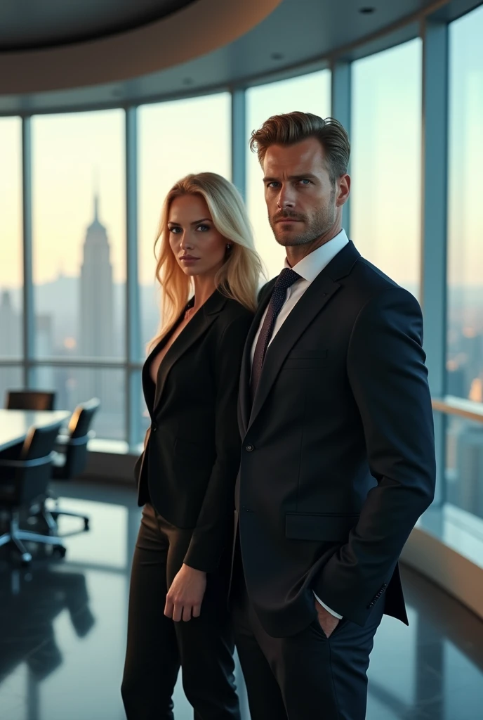 a sigma male in a suit in office, death stare expression, standing next to gorgeous blonde woman, woman wearing office suit, city skyline through window, high quality, realistic, cinematic lighting, 8k, detailed features, photorealistic, sharp focus, professional studio photography