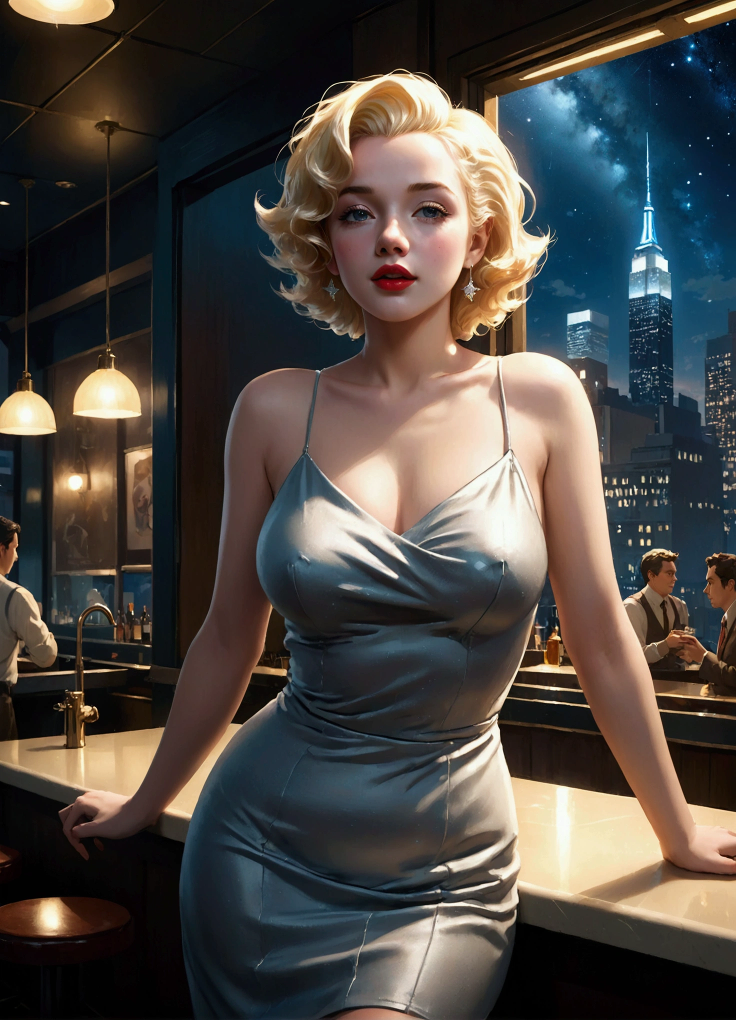 Uses Makoto Shinkai&#39;The depiction is perfect,Portrait of Marilyn Monroe,8k 4k masterpiece photo ,new york,Glass ceiling jazz bar,I can see the twinkling stars through the glass window.,that&#39;Outside in the dark night,Jazz is playing,Profile close-up,Beautiful profile,Semi-long hair,Blonde,Look in a different direction,Standing alone at the counter,Tight fitting grey tank top dress,Large bust