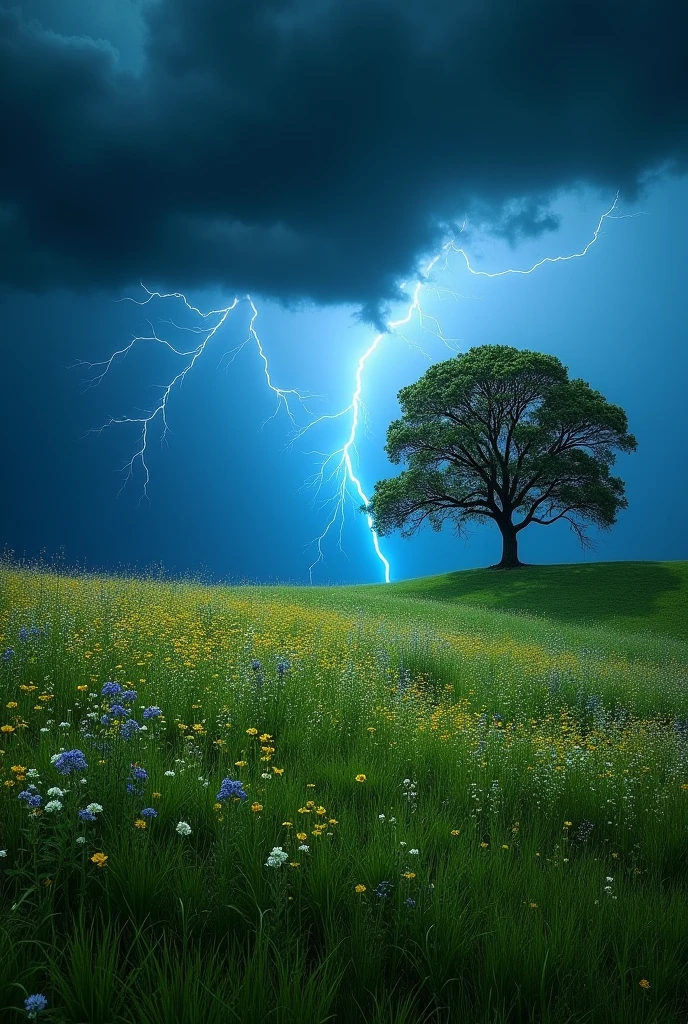 Meadow on a hill during a storm and blue lights