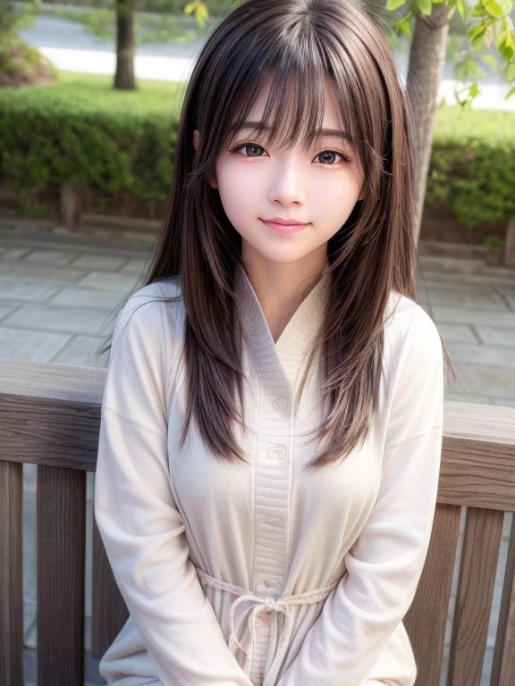 Highest quality、Face Focus、Soft Light、（Depth of written boundary）、Ultra-high resolution、（Photorealistic：1.4）（from the front）1 Japanese、solo、cute、（Shy、smile：1.1）、（Brown eyes）、Detailed beautiful face、（midl_hair)