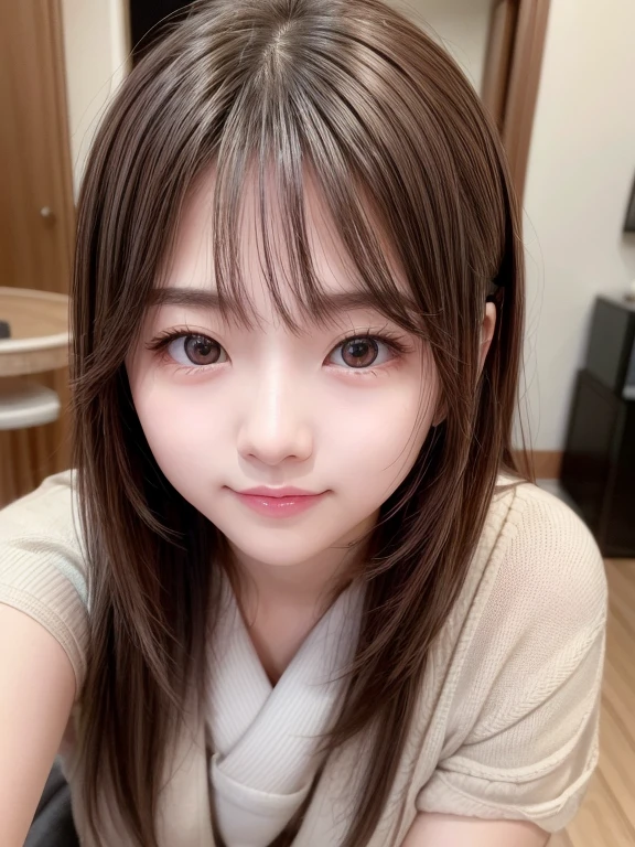 Highest quality、Face Focus、Soft Light、(Depth of written boundary)、Ultra-high resolution、(Photorealistic:1.4)(from the front)1 Japanese、solo、cute、(Shy、smile:1.1)、(Brown eyes)、Detailed beautiful face、(midl_hair)