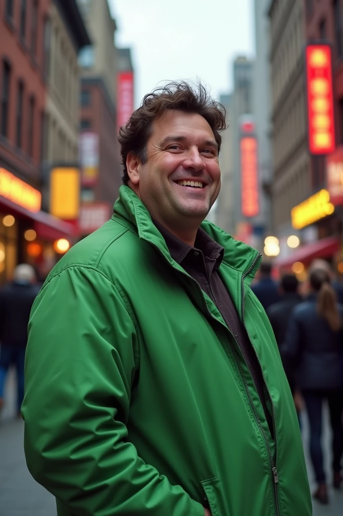 A 38 year old fat boy with short brown hair and black eyes wearing green jacket