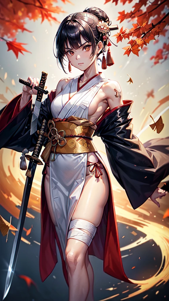 (((((roll up bandage sideways on a  chest tightly to cover the chest without gaps))))),  (((bandage samweways))),, ((Japanese Gangster BOSS)), adult woman with the dignified presence, Killing Qi, wear nothing around shoulder, wear nothing around neck, wear the kimono, wear it below the waist, I wind it up to control it, and to attach it,  ((kimono come off)) ,wear the kimono multiple times, Bare shoulders and the clavicle, black and gold kimono, put on over jacket of kimono, (((holding a japanese sword, The handle of the sword, long sword))), low angle, whole body, anime character, Glaring, off sholder, Excellent, can see both shoulder, long kimono hem, small face, big tattoo on the arm,muscular,drink sake, The kimono is spreading,ultra-detailed,super beautiful,Masterpiece,Killing Qi,Intimidation,zoom up, a person,Selfish person,Ginkgo biloba pattern,Under the trees with autumn leaves,tall,Imposing