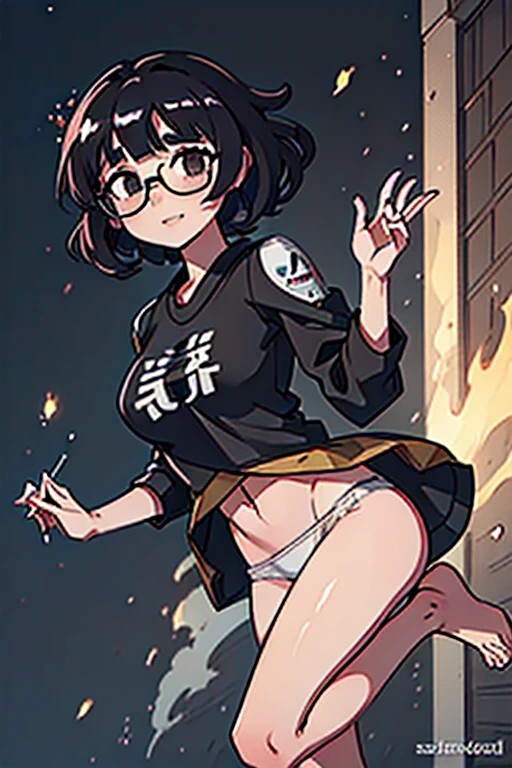 android, beautiful robot. Her curly short black hair is very short like army man, big smile, middle age, joint seam, black eyes, full body figure, Height: 160cm, She wears only micro mini pantie, show pantie, Uplifting, 21th century japan animation, she wares metal flame glasses.