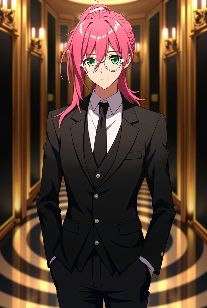 Young male anime guy with different white glasses with long pink hair tied with some strands falling and green eyes with fair skin and a black suit and black pants. The background is a black and gold floor and the walls are also.