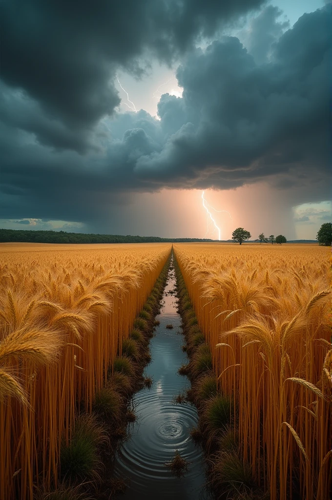 Realistic wheat plantation image with light rain and strong wind and lightning