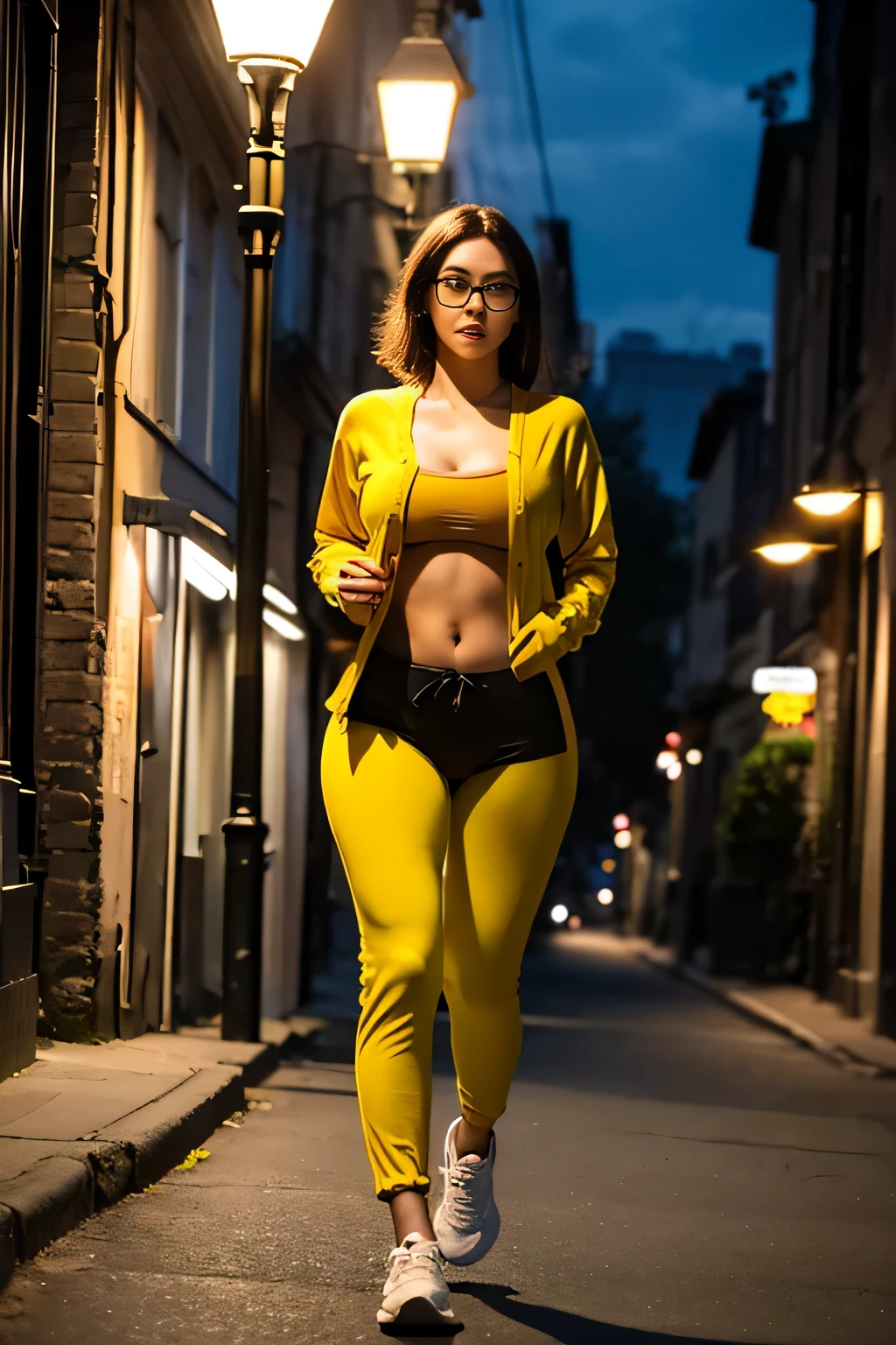 best quality, masterpiece, cinematic lighting, intricate, cinematic detailed realistic background, detailed face, full body, small breasts, realistic, ligne claire, , , 1girl jogging, cityscape, night, tied shirt, looking at viewer, tattoo, model pose, open cardigan, ringed yellow eyes, streetlight, lamppost, yoga pants, split-color hair, glasses,, ,