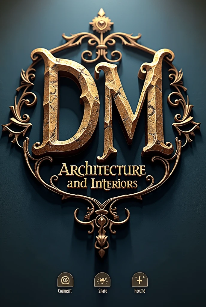 3D Logo at the top with the letters DM inspired by Harry Potter, the words Architecture and Interiors in the center, like symbols, Comment, share and save from Instagram at the bottom of the image