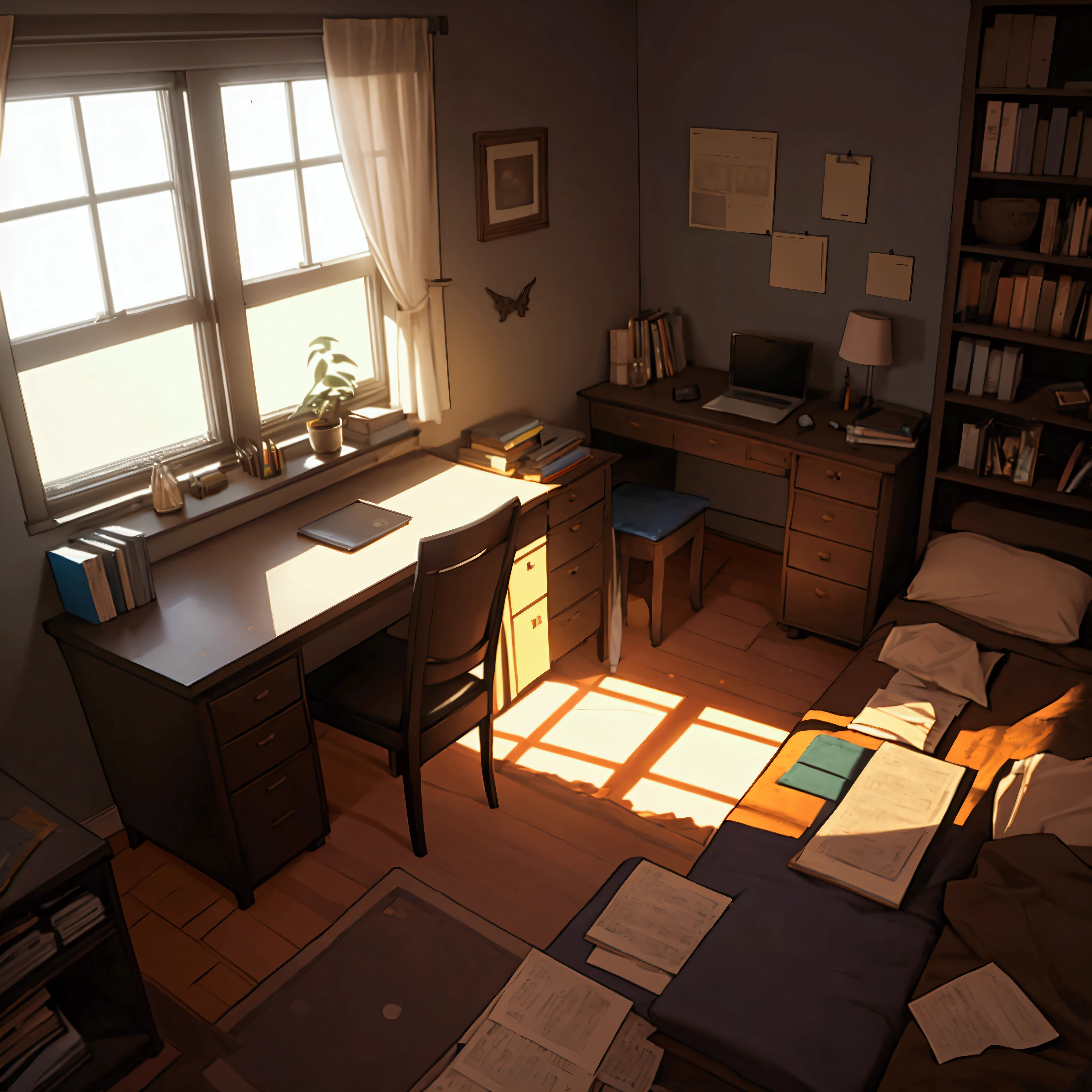 an empty room ,the moonlight shines through the window,the room has a desk with many books and a laptop, all neatly arranged on the desk,Right next to it is the bed .