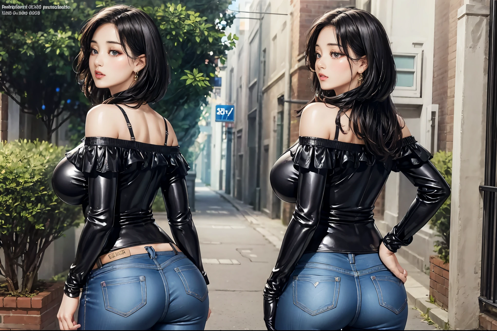2 slim woman with big breasts wearing a very tight pvc off-shoulder wonderbra, jeans, standing in an alley, (best quality, 4k, 8k, high resolution, masterpiece: 1.2), ultra detailed, (realistic, photorealistic, photo-realistic: 1.37), vivid colors, beautiful detailed eyes, beautiful detailed lips, extremely detailed eyes and face, long eyelashes, portrait. beautiful rear butt view
