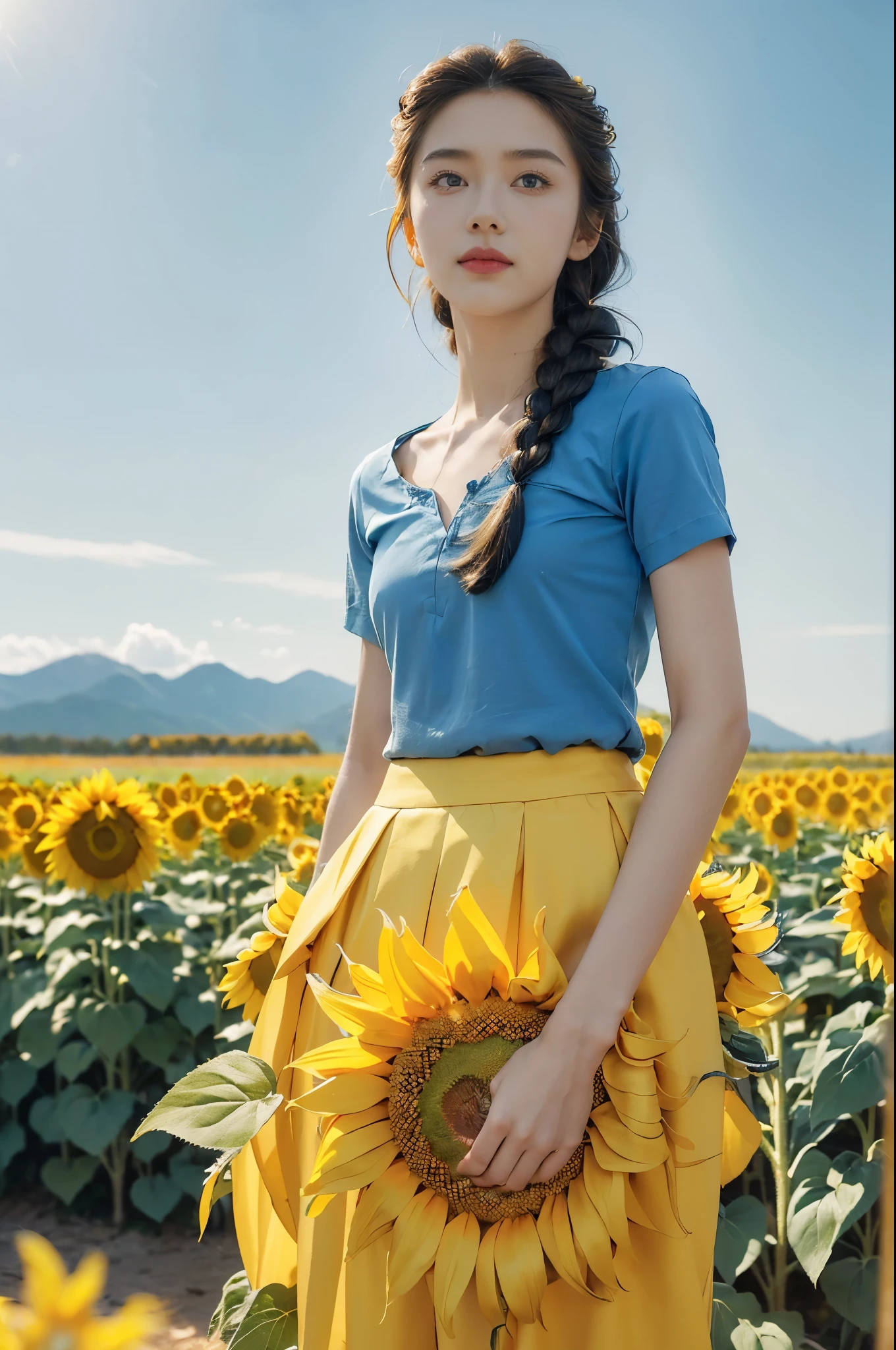 (((best quality))), (((ultra detailed))), (((masterpiece))), illustration,((a beautiful Ukrainian girl,solo)),((slim,thin)),((small breasts,flat chest)),(standing amidst a field of sunflowers:1.3),(short blue braid hair:1.3), (((vibrant blue shirt,maxi bright yellow skirt))),(slender legs:1.2),((from front,upper body)),complementary attire, (horizon as backdrop:1.2),((brilliant shade of clear blue sky, stark contrast with sea of yellow sunflowers)),striking features, sharp piercing eyes, warm kindness, subtle smile, gentle nature, simplicity of beauty