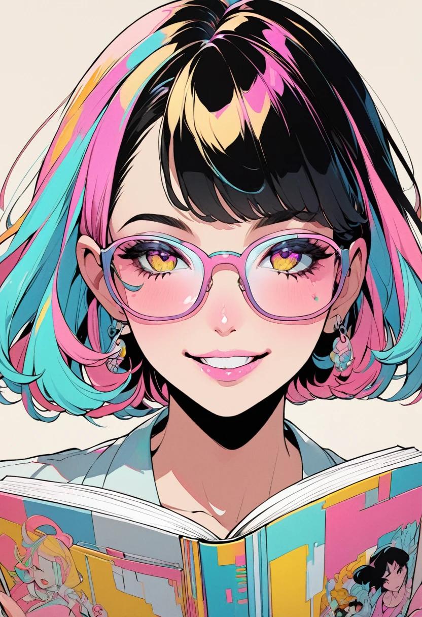 (masterpiece, Highest quality:1.4, City Pop Style, Very detailed, up to date, Vibrant, High Contrast), ((Face Up Shot:1.4)), 1 male, solo, Anime Style, reading, Blurred vision, Neon Hair, Glasses, (Grinning smile), Pink lips, Beautiful Face, Colorful Hair, Bobcut, pastel colour, 1980s style, ((Retro, Vintage, Plain background))
