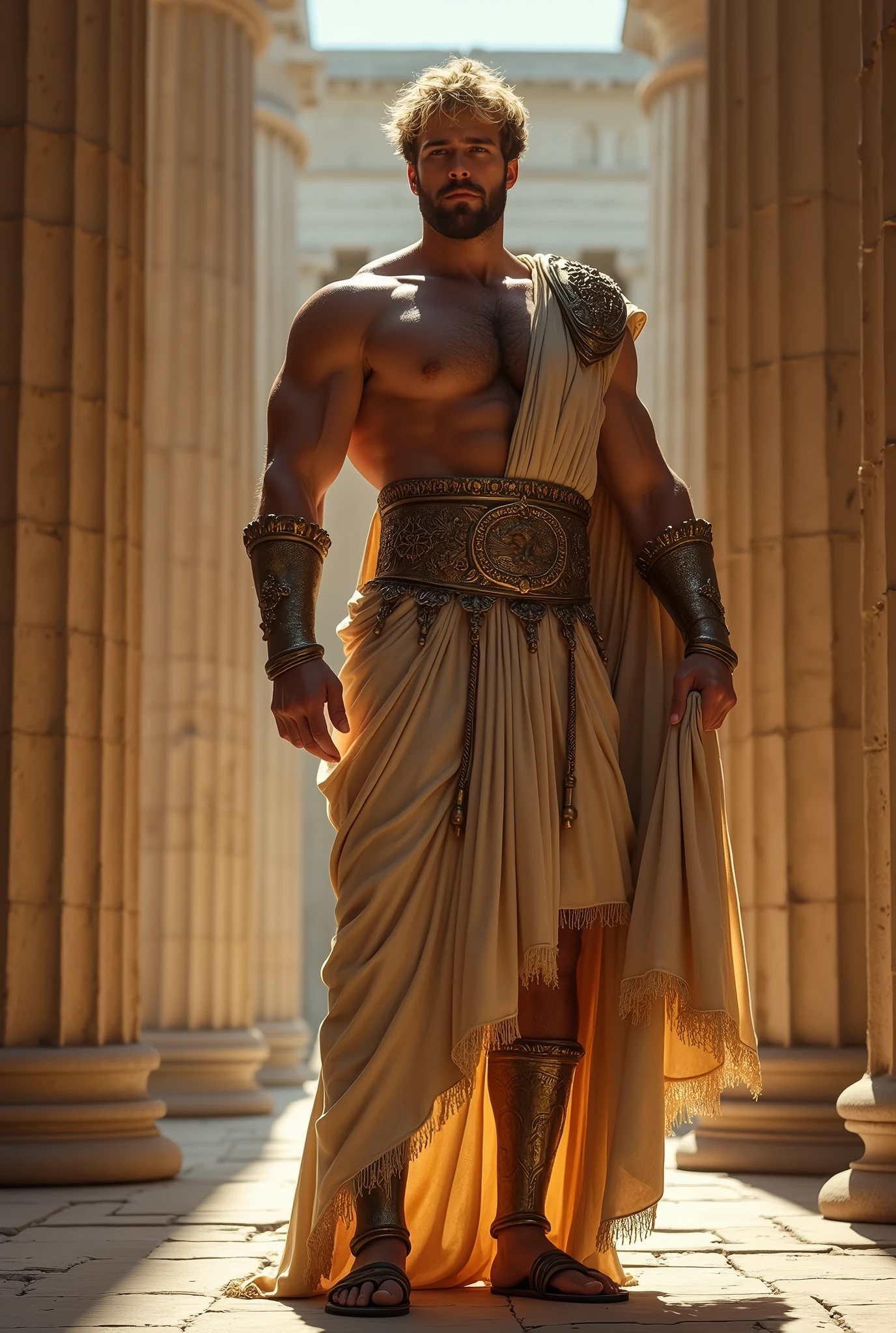 realist, (masterpiece), (photorealist:1.3), ultra detailed, (high detailed:1.2), (Best Quality:1.0), manly face, muscular, Tall Man, blond hair, chest hair, A man in royal costume, 35 years, covered in a small insulting armor, elegant, full body character sheet, big bulge in crotch, MUSCLE BODY, full body view, inside a Greek Temple, loincloth made of very fine thread, Haircut, Shadow of six'clock.
