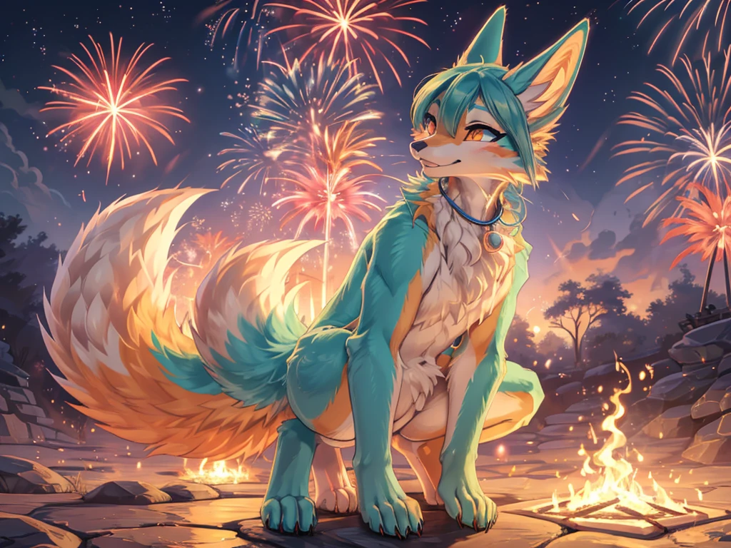 ((A masterpiece))The best quality, Japanese  Hatsune Miku x Kitsune , fox face elongated snout add detail, Surprise face, add heated_Detailsl,, kitsune warrior in spring hanami add_Detailsl:1, add barefoot_Detailsl:1 mystical aura, enjoy the fireworks add_Details 