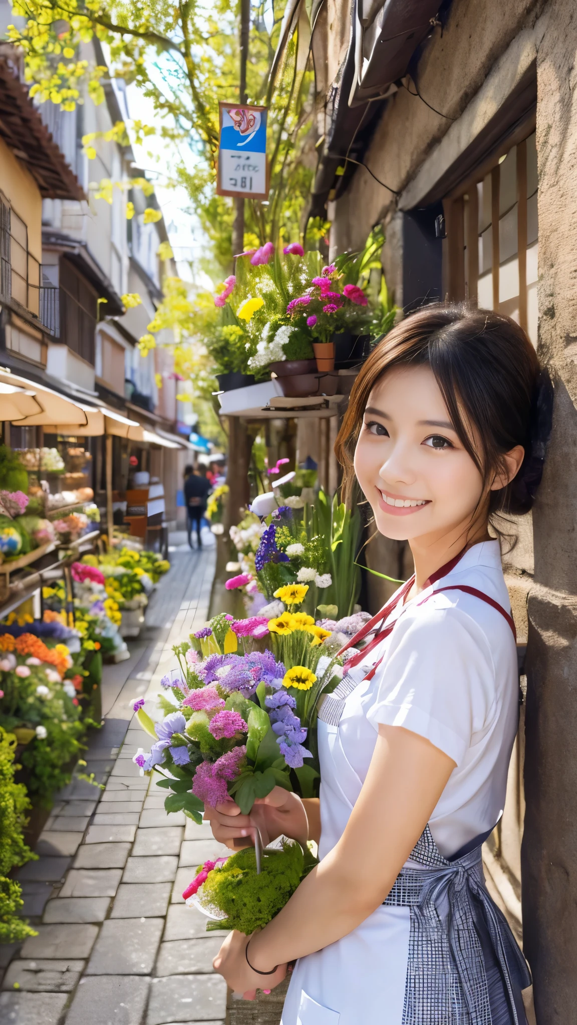 ((masterpiece,best quaLightingy 1.4)), (8k,RAW Photos:1.2), (Realistic,photo Realistic:1.4), Ultra-high resolution , (Highly detailed 8k wallpaper) ,Japanese Idols, Japanese actress, Japanese, very cute, Big eyes, Highly detailed eyes and face, Beautiful eyes in every detail,Glowing Skin,Portraiture,(ponytail :1.2),(smile:1.3) ,(Holding a bouquet:1.2),Lighting, Sharp focus, Written boundary depth , (Dynamic Angle:1.4 ). Blur the background, Bokeh, (apron:1.3) ,A small flower shop bathed in spring sunlight, Colorful flowers lined up. In front of the shop, Vibrant bouquets and hanging succulents on display... The background is cobblestones and old-fashioned streetscapes..