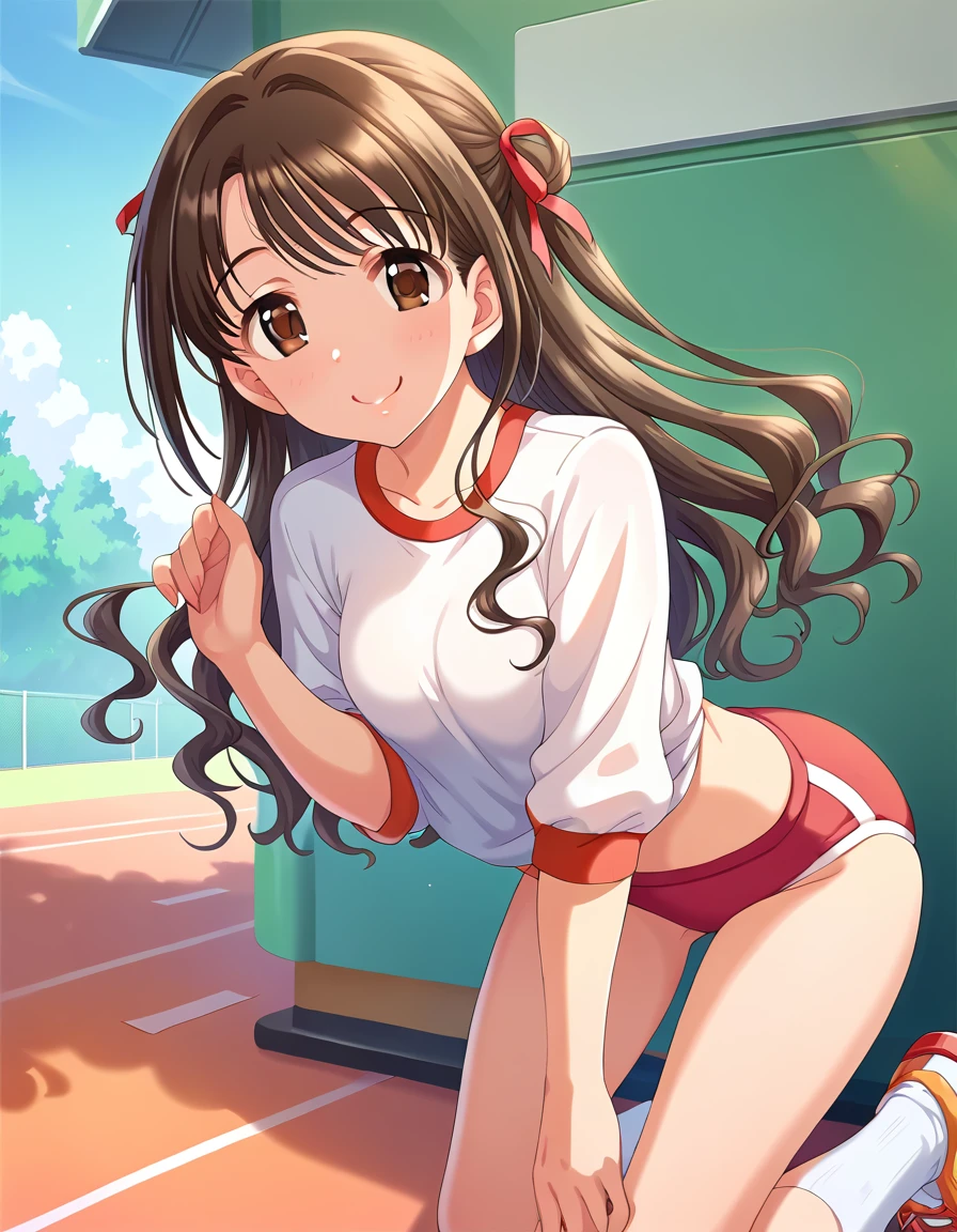 score_9, score_8_superior, score_7_superior, sauce_anime,
evaluation_Sensitive, Sexually suggestive,
One person, alone, smile, Joyful, 
Outdoor, Sunbeam,
 sorry, Long Hair, Brown Hair, Wavy Hair,  one side superior,  Hair Ribbon, Brown eyes, Medium chest, 
Gym suit, White gym shirt, Untucked shirt,  red buruma, socks, sneakers, Thighs, Showing off her ass，
Detailed eyes, Eye Reflexes,