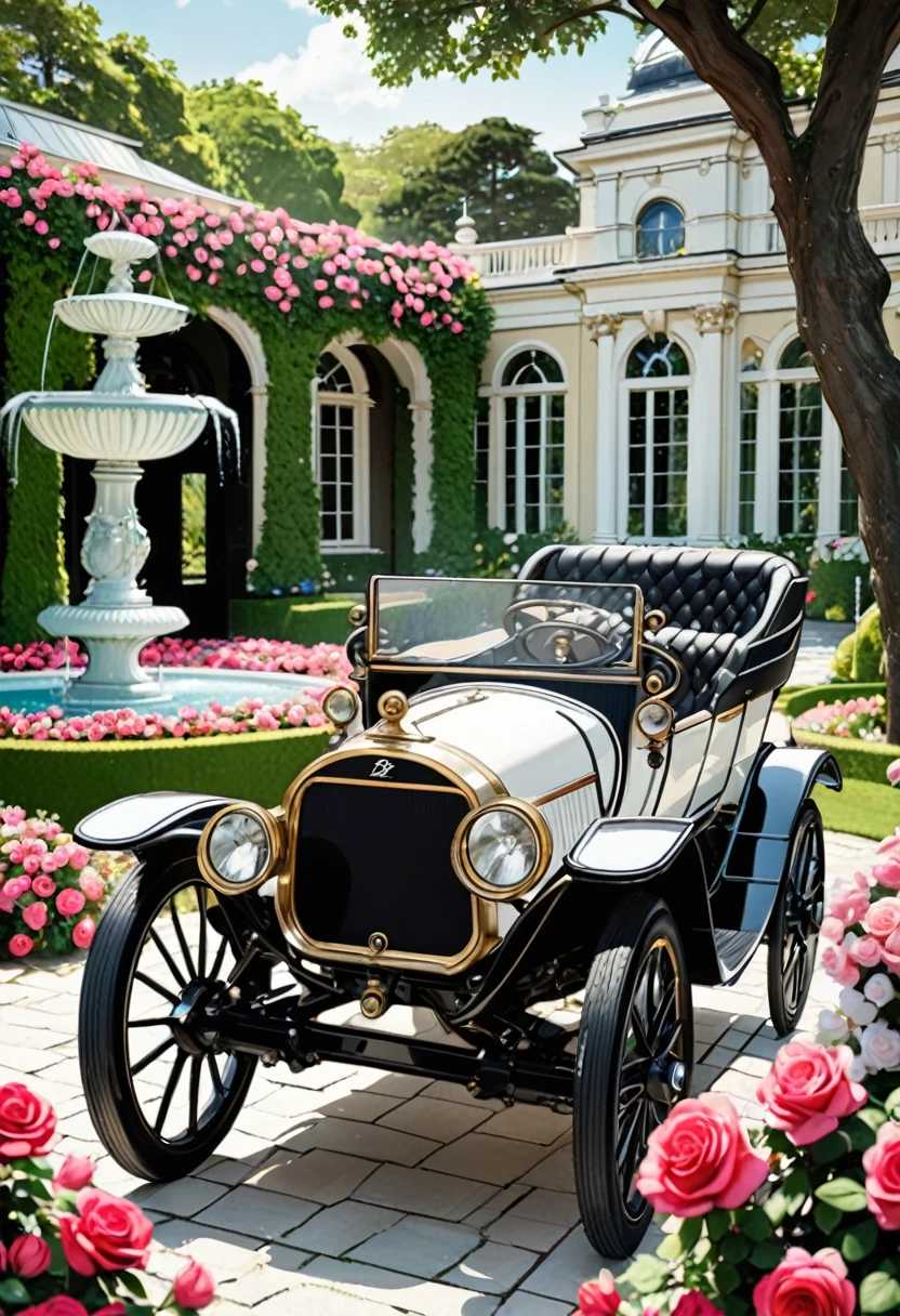 an image of benz patent motorwagen car from the 19th century, parked in a grandiose estate garden, surrounded by blooming roses in the background, low-angle shot