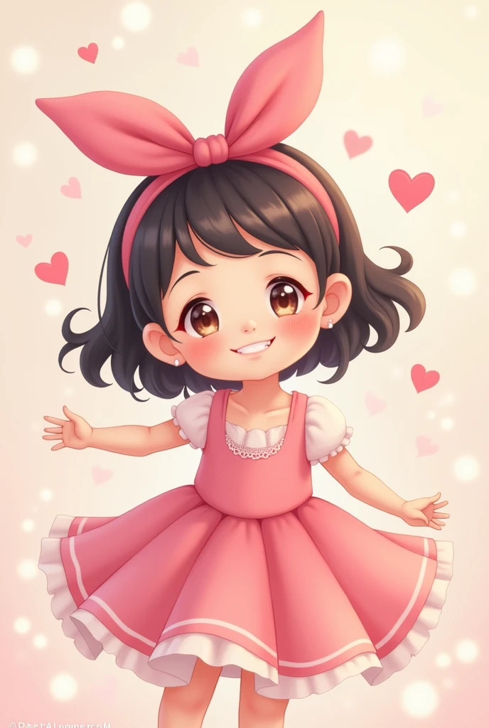 Got it! Here's a refined description for your image:

- **Character:** A cute, cartoon-style girl with a friendly smile.
- **Clothing:** Pink clothes, including a pink dress or top and skirt, with a matching pink ribbon on her head.
- **Background:** Soft and blended with the character, using gentle colors that harmonize with her pink outfit, creating a cohesive and pleasant look.

This should give a warm, integrated feel to the image. If you need more details or have any additional elements in mind, let me know!