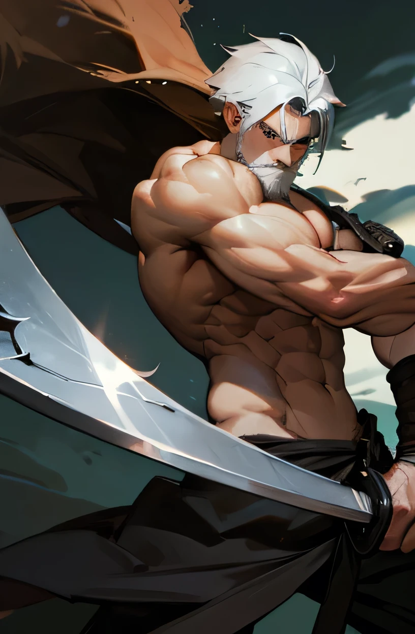 Viking with knife in hand, left arm extended, solid, muscular, shirtless, anime style.