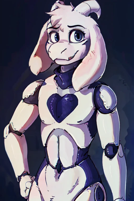 A boy, asriel, undertale, Furry, medium low, android, robotic, looking at the viewer, best qualityer, detailded, work of art, high resolution, body skinny, corpo robotic.