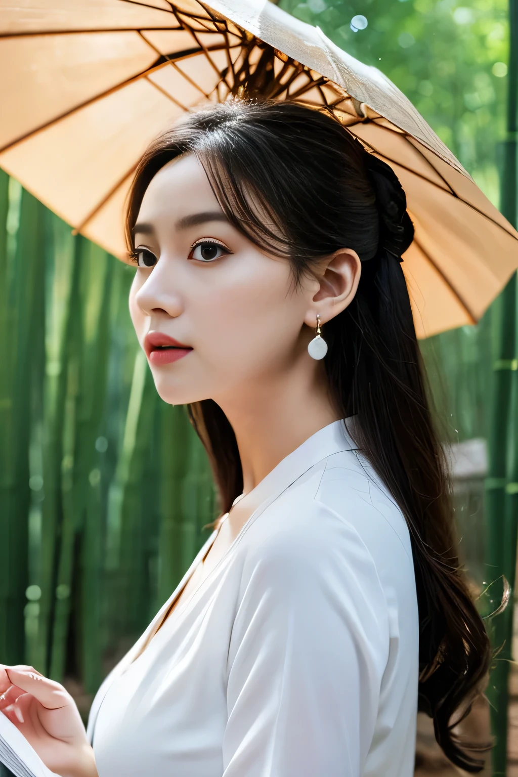 Masterpiece, extremely detailed CG unity 8k wallpaper, 1 girl, beautiful, realistic, blur, blurred background, blurred foreground, bamboo forest, depth of field, earrings, jewelry, nose, realistic, solo, hanfu, holding oli paper umbrella, rain