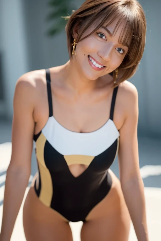 1girl, beautiful woman black onepiece swimsuit, skinny, perfect body, defined abs, gold hair, standing in a white wall photography studio, ultra-detailed face, beautiful eyes, beautiful lips, double eyelids, shy smile, trimmed bangs, sun-kissed skin, hint of pubic hair, (best quality, 8k, masterpiece:1.3), frontal and full-body shot, pussy line, front facing, open legs