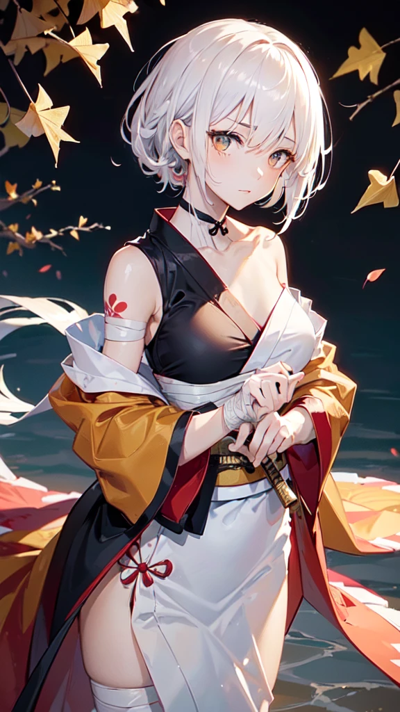 (((((roll up bandage sideways on a chest tightly to cover the chest without gaps))))), (((bandage samweways))),, ((Japanese Gangster BOSS)), adult woman with the dignified presence, Killing Qi, wear nothing around shoulder, wear nothing around neck, wear the kimono, wear it below the waist, I wind it up to control it, and to attach it, ((kimono come off)) ,wear the kimono multiple times, Bare shoulders and the clavicle, black and gold kimono, put on over jacket of kimono, (((holding a japanese sword, The handle of the sword, long sword))), low angle, whole body, anime character, Glaring, off sholder, Excellent, can see both shoulder, long kimono hem, small face, big tattoo on the arm,muscular,drink sake, The kimono is spreading,ultra-detailed,super beautiful,Masterpiece,Killing Qi,Intimidation,zoom up, a person,Selfish person,Ginkgo biloba pattern,Under the trees with autumn leaves,tall,Imposing