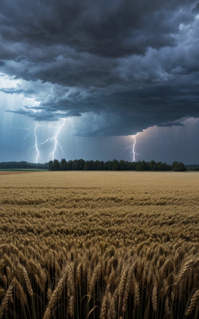 Realistic wheat plantation image with light rain and strong wind and lightning