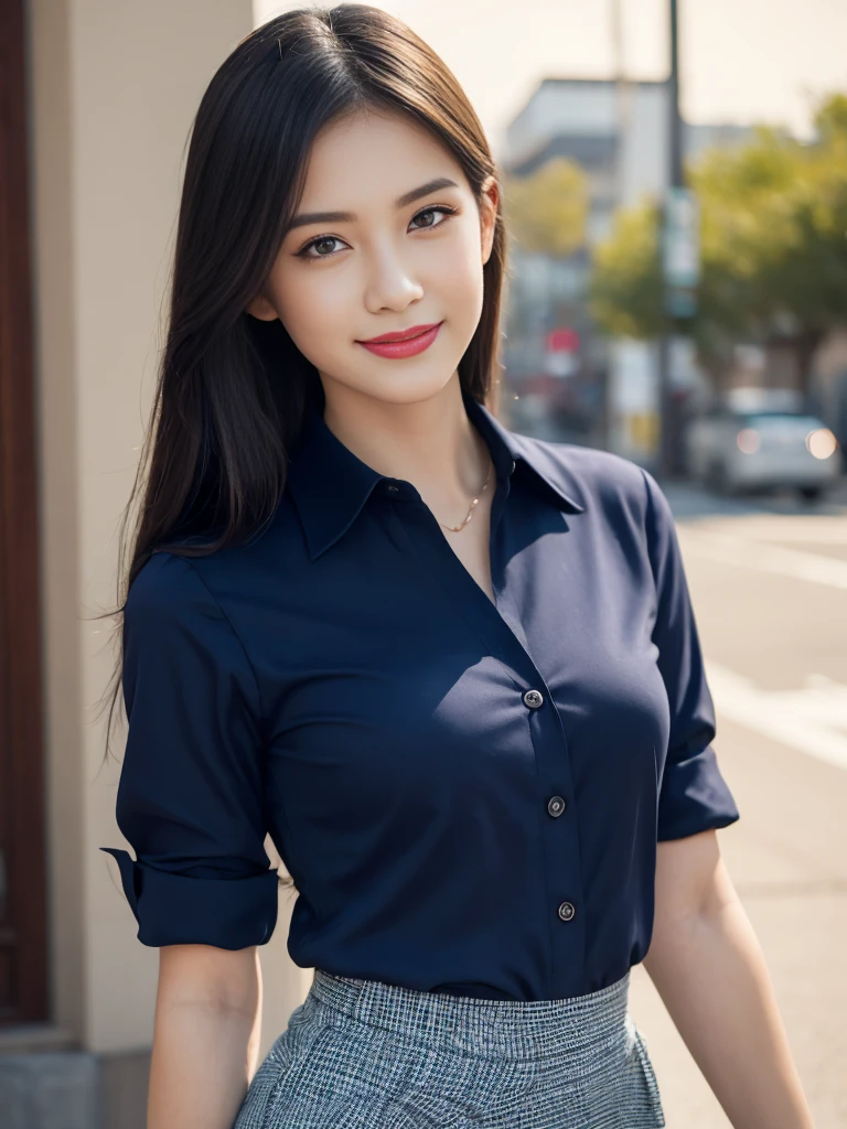 top-quality, ​masterpiece, 8K, 超A high resolution, (Photorealsitic:1.4), 1girl in、Beautiful expression, Collared shirt、blue tight skirt、symmetrical eye、Medium 、Perfect body proportion、Unbutton the chest、Look at viewer' smile face, lipstik, close shot capture, halfbody, eyes on camera, details eyes, beautiful eyes