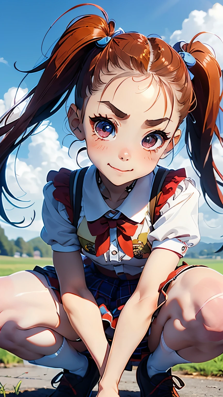 Very cute, squatting, rainbow pigtails, round eyes, short eyebrows, short eyelashes, slightly upturned lips, small red tartan check one-piece skirt with shoulder straps, white zettai ryoiki knee-high socks, zettai ryoiki, sunny day, blue sky, country road, smirk, cheerful,