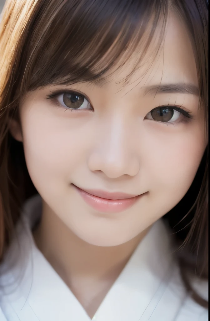 best quality, face focus, soft light, ultra high res, (photorealistic:1.4), RAW photo,(Shinozaki Ai), white skin, kawaii, 1 Japanese girl, solo, cute, (smile), (pupil, lights in the eyes), detailed beautiful face, Medium-sized breasts,(high resolution detail of human skin texture),(long hair),(portrait), upper body, white traditional kimono